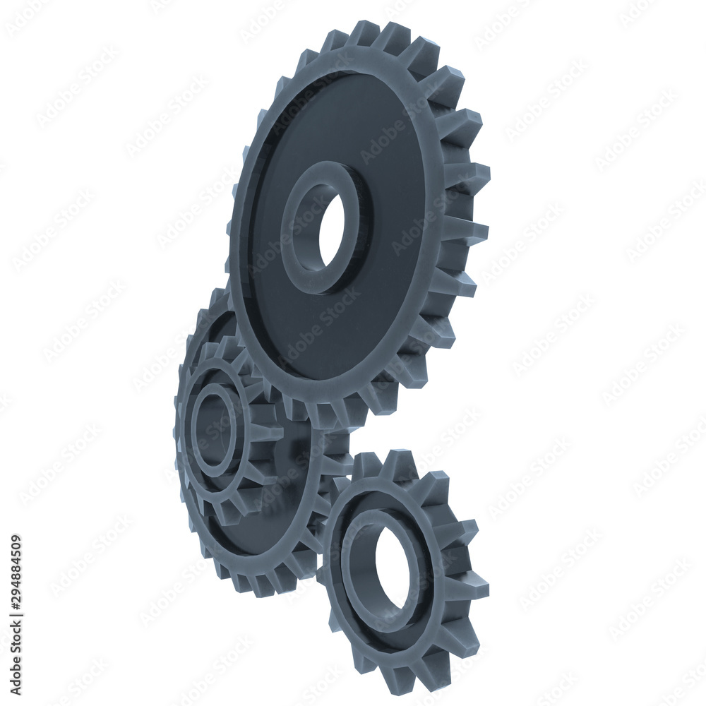 Gears. Mechanical technology machine engineering symbol. Industry development, engine work, business solution concept. 3d render illustration isolated on white background Gears. Mechanical technology machine engineering symbol. Industry development, engine work, business solution concept. 3d render illustration isolated on white background