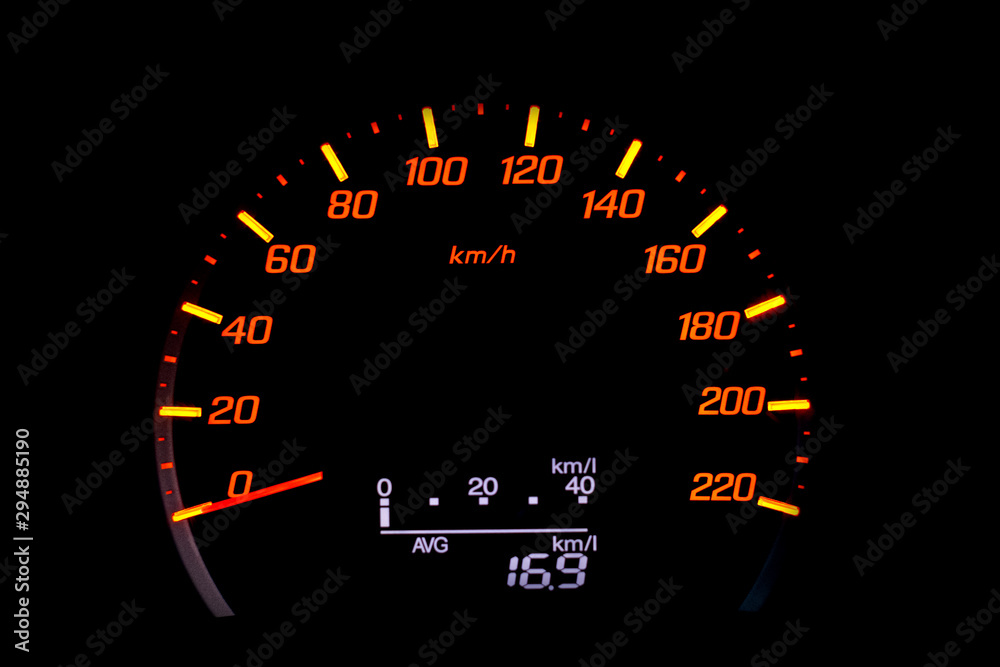 Obraz na płótnie Close up of car speedometer with the needle pointing at  0 kmp w salonie