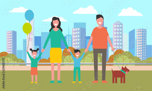 Parents holding son, daughter and dog, family healthy leisure in urban park. Smiling people walking near buildings, man and woman going in city. Weekend in city park. Vector in flat cartoon style