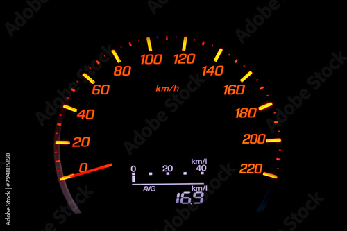 Close up of car speedometer with the needle pointing at  0 kmp