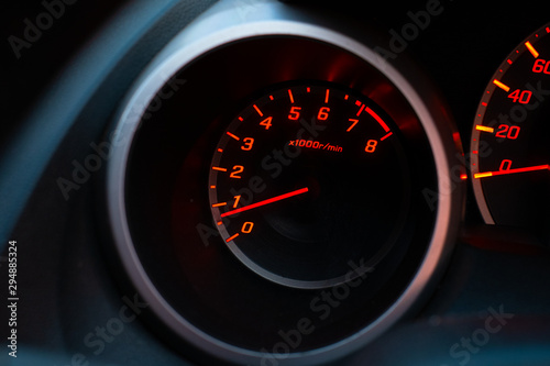 Close up of car speedometer with the needle pointing at  1 krpm