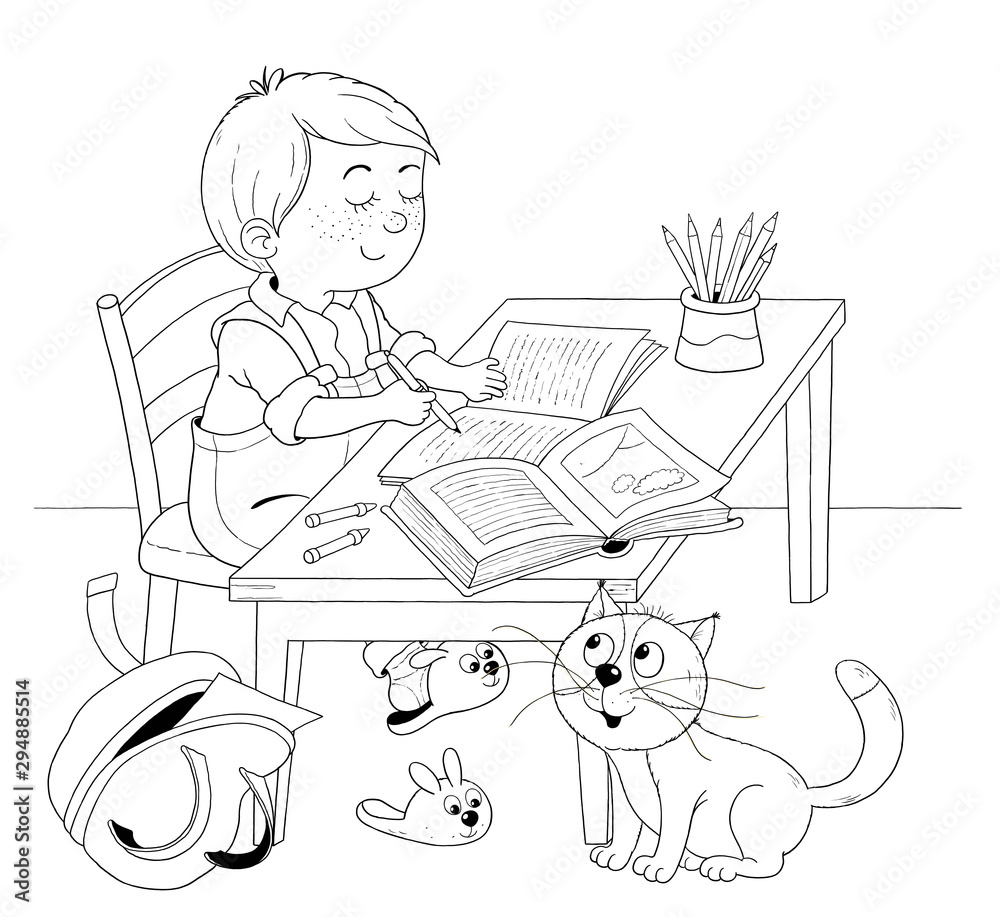 My day. Schedule. Cute little boy's day. Coloring book. Coloring page. Illustration for children. Cute and funny cartoon characters My day. Schedule. Cute little boy's day. Coloring book. Coloring page. Illustration for children. Cute and funny cartoon characters