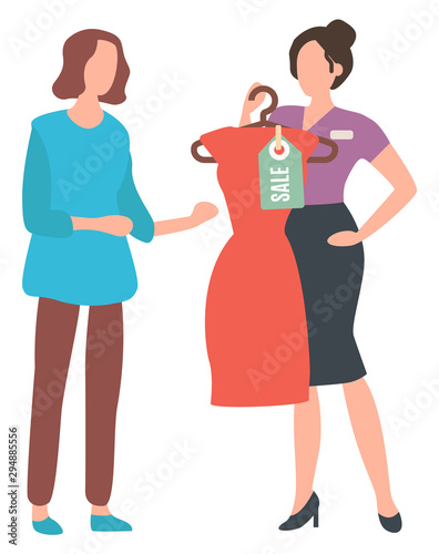 Shopping lady, isolated female with dress and price tag. Fashion advisor consultant in store, buying clothes festive clothing for female character. Vector illustration in flat cartoon style