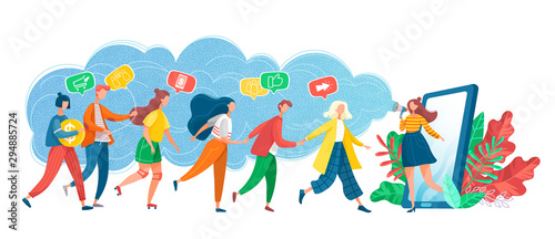 Smartphone and user vector, phone with line of people walking into screen. Referral system, refer friend, making money recommending new group flat style. Referral marketing program. Group customers.