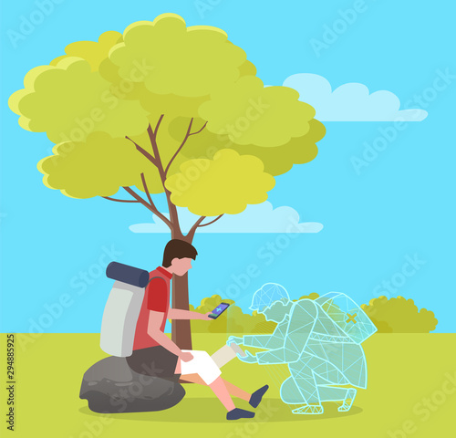 Medical worker online helping hiking man, person with injured knee in forest. Patient with smartphone help online first aid consultation. Holographic projection of doctor. Landscape with greenery flat