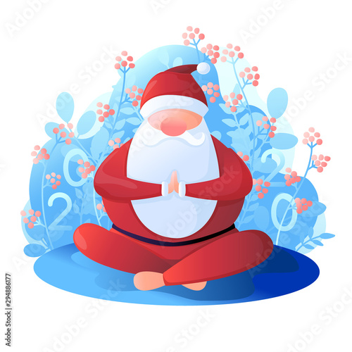 Santa Claus sits in a lotus position. Santa Claus is engaged in yoga. Vector illustration