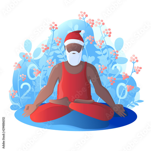 Santa Claus sits in a lotus position. Santa Claus is engaged in yoga. Vector illustration