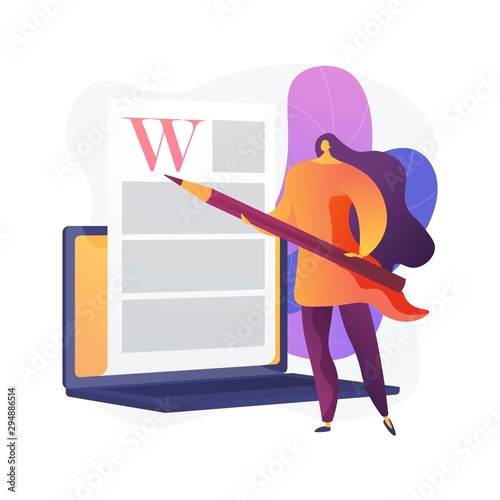 Creative content writing. Copywriting, blogging, Internet marketing. Article text editing and publishing. Online documents. Writer, editor character. Vector isolated concept metaphor illustration