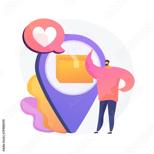 Online store order, parcel tracking. Postal service, GPS, navigation tool. Cardboard box in pin isolated flat design element. Delivery and shipment control. Vector isolated concept metaphor
