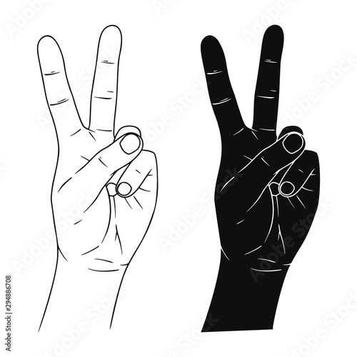 Hand sign victory or peace and scissors. Vector illustration in sketch style