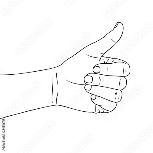 Sketch hand with a raised thumb. Hitchhiking sign, good.