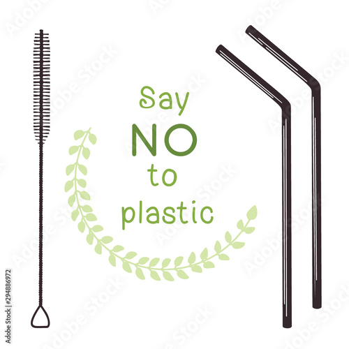 Ecological tubules for drinking. Zero waste. Metal tube for drinking and brush for cleaning. Vector