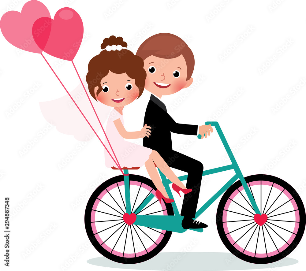 Couple of happy newlyweds bride and groom rides a bike embracing each other. Vector illustration on white background