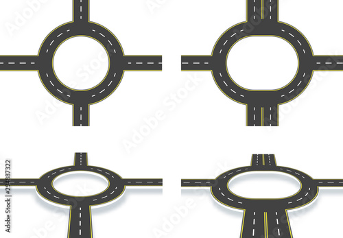 Road, highway, roundabout, top view and perspective view with shadow. Two-lane and four-lane roads with the same markings. illustration