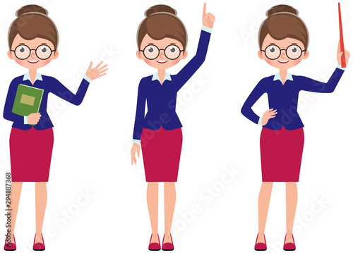 Set of cartoon woman teacher in different poses Stock vector Illustration