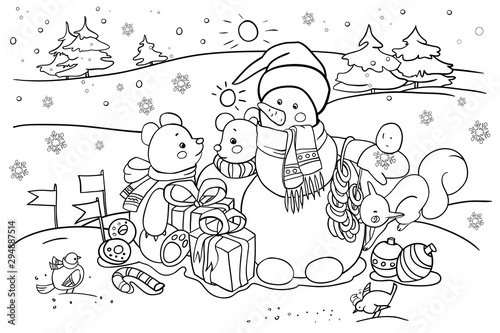 Children's coloring book on the theme of New Year and Christmas holidays, snowy landscape, a snowman with gifts, animals, cartoon characters, raster copy