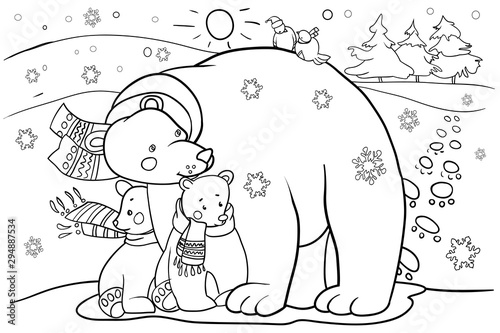 Polar bear with cubs, cartoon character, coloring book for children, design for New Year and Christmas holidays, raster copy