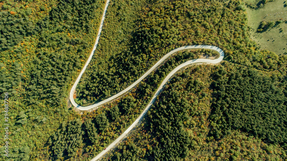 Top View of Rural Road, Path through the green forest and countryside. Autumn forest aerial drone view. Sunny day