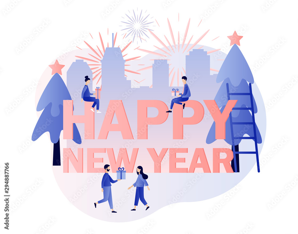 Happy New Year. Winter Holidays concept. Modern flat cartoon style. Vector illustration Happy New Year. Winter Holidays concept. Modern flat cartoon style. Vector illustration