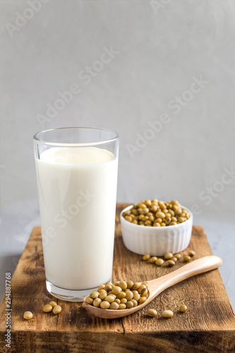 soy milk in a glass and soybeans on the table on a gray background. Vegetable milk, vegetarian food. The concept of healthy eating. Copy space, side view.