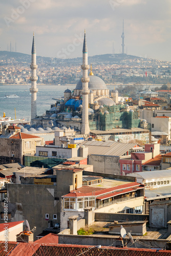 Aerial view on New Mosque and city of Istanbul, Turkey