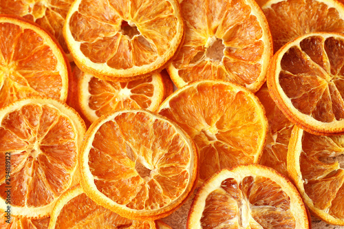 Dried colorful slices of  orange.Healthy meal snack.Top view. Close up. 