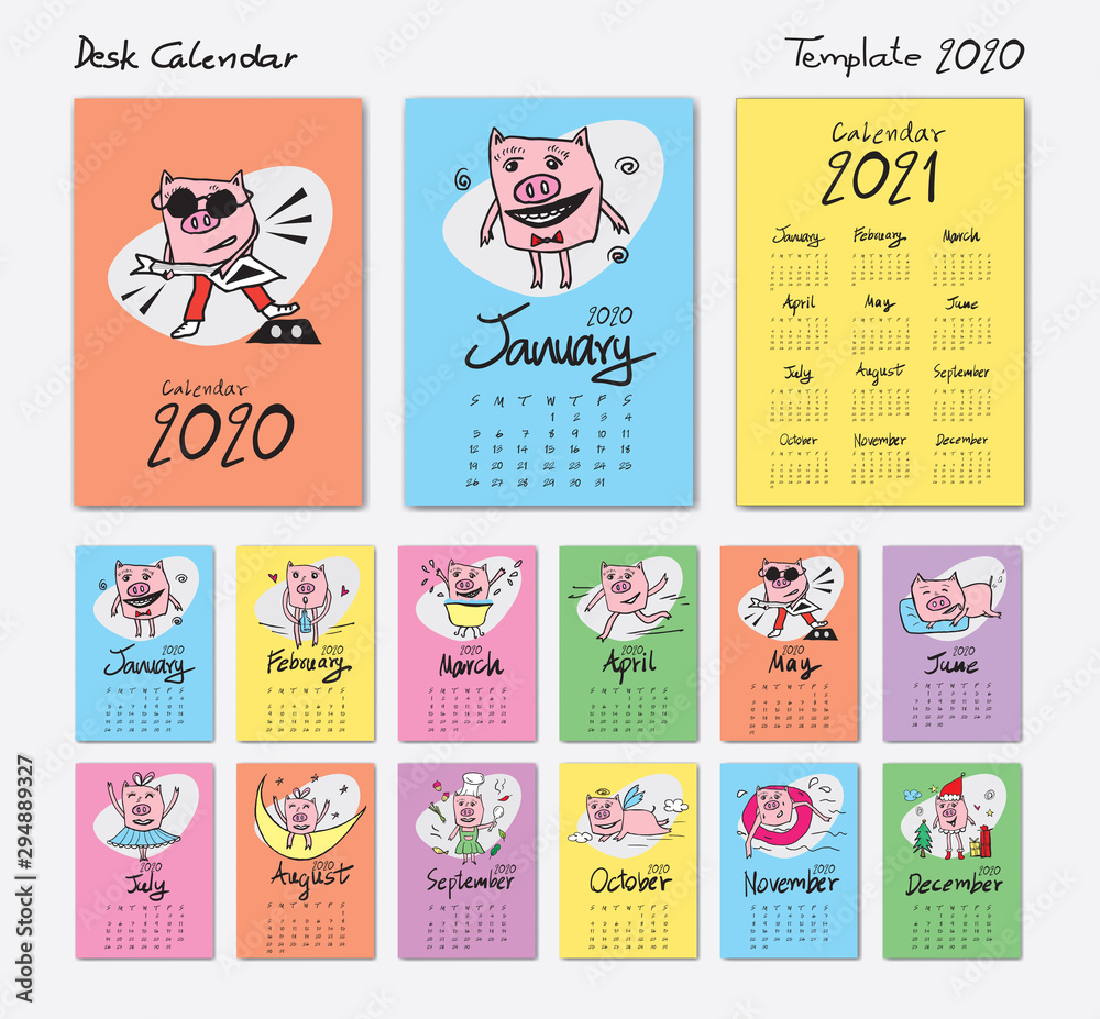 calendar 2020 template with Cute Pig cartoon vector illustration , calendar 2021, Chinese desk calendar, Lettering calendar, hand drawn pigs, Set of 12 Months, Week starts Sunday,  cover design