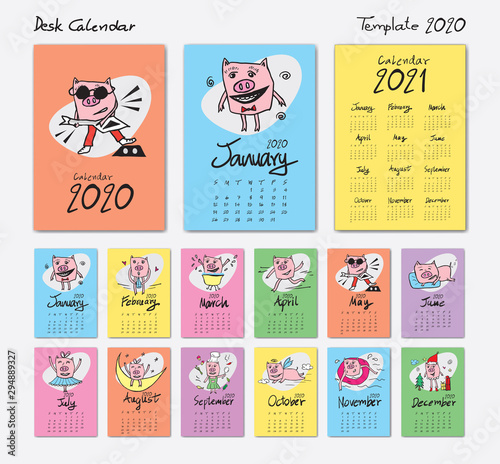 calendar 2020 template with Cute Pig cartoon vector illustration , calendar 2021, Chinese desk calendar, Lettering calendar, hand drawn pigs, Set of 12 Months, Week starts Sunday, cover design