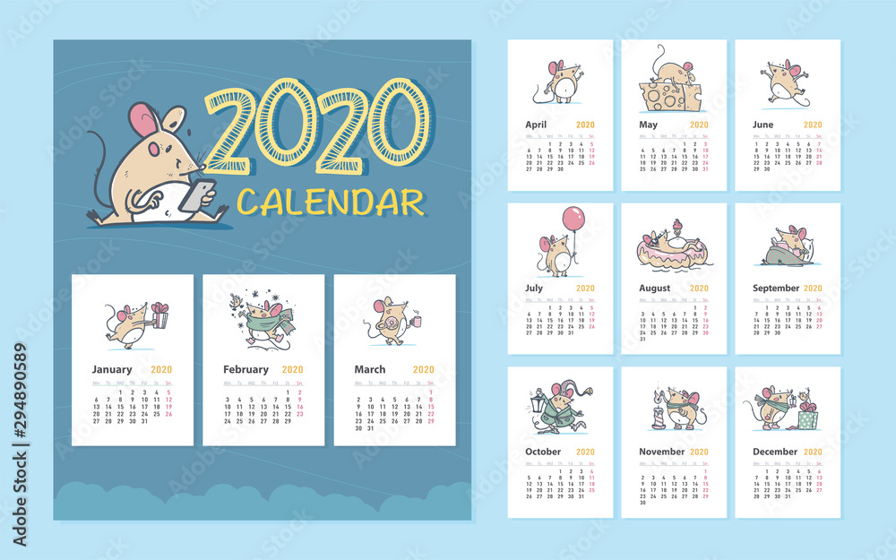 Vector 2020 new year creative monthly calendar for kids with cute funny ...