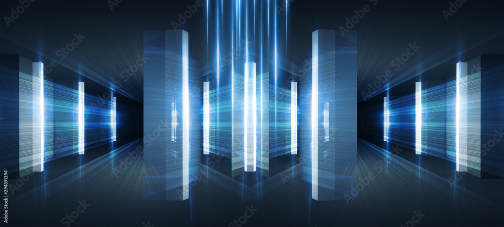 Abstract blue background with neon rays. Abstract light tunnel, corridor, portal. Rays of neon light in the dark, neon shapes, smoke. Symmetric reflection. 3D rendering. Abstract blue background with neon rays. Abstract light tunnel, corridor, portal. Rays of neon light in the dark, neon shapes, smoke. Symmetric reflection. 3D rendering.
