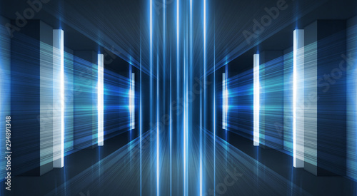 Abstract blue background with neon rays. Abstract light tunnel, corridor, portal. Rays of neon light in the dark, neon shapes, smoke. Symmetric reflection. 3D rendering. © MiaStendal