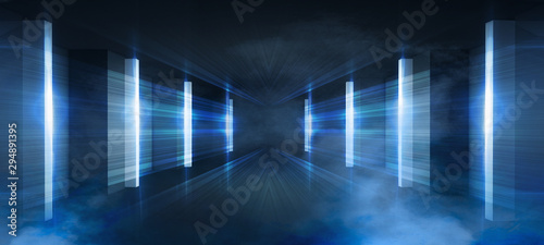 Abstract blue background with neon rays. Abstract light tunnel  corridor  portal. Rays of neon light in the dark  neon shapes  smoke. Symmetric reflection. 3D rendering.