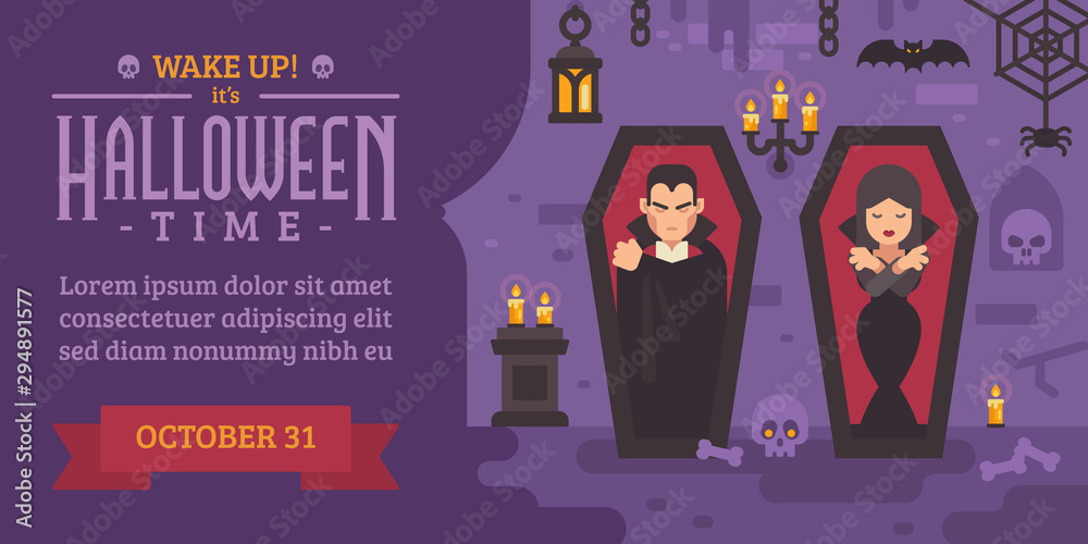 Plakat Halloweenowa ulotka z wampirami śpiącymi w trumnach
