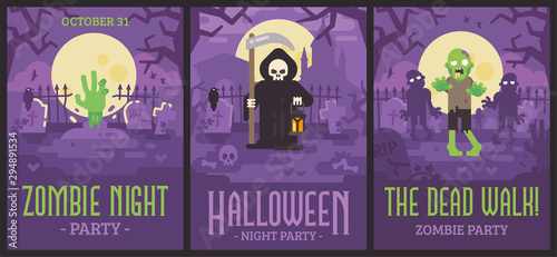 Three Halloween posters with graveyard scenes. Halloween flyers with zombies and Grim Reaper