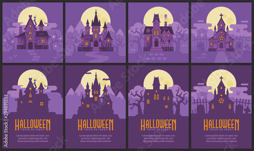 Four Halloween houses and flyers. Witch hut, Vampire castle, Haunted house and Graveyard chapel. Spooky Halloween backgrounds and posters