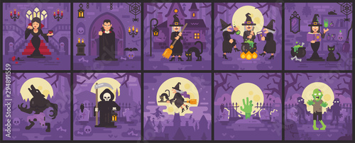 Ten Halloween scenes with witches, vampires, zombies, werewolves and Grim Reaper. Halloween flat illustration collection