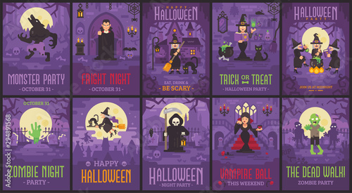 Ten Halloween posters with witches, vampires, zombies, werewolves and Grim Reaper. Halloween flyer collection