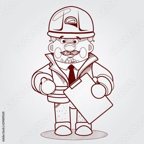 A man in uniform working with a tablet and a protective helmet. Carbon dioxide in vitro, CO2, chemical analysis. Outline drawing.