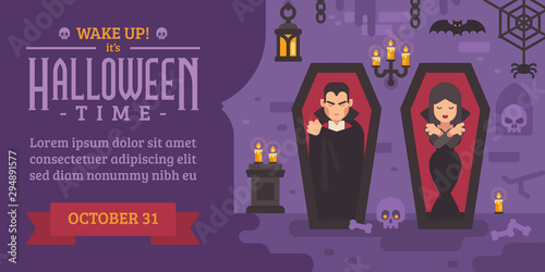 Fototapeta Halloween flyer with vampires sleeping in coffins
