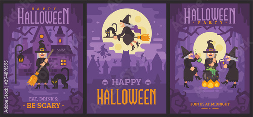 Three Halloween posters with old witches