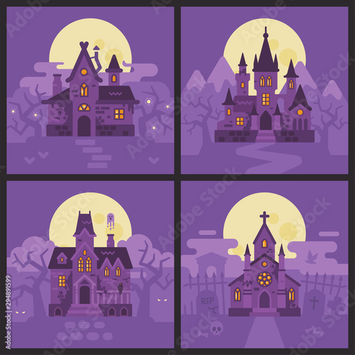 Four Halloween houses. Witch hut, Vampire castle, Haunted house and Graveyard chapel. Spooky Halloween backgrounds