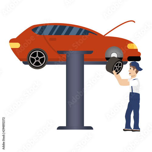 young mechanic changing tire character