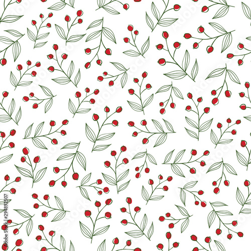 Branches with red berries on white background. Nice and seamless pattern.