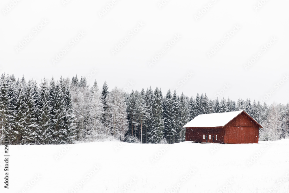 Red barn in snow