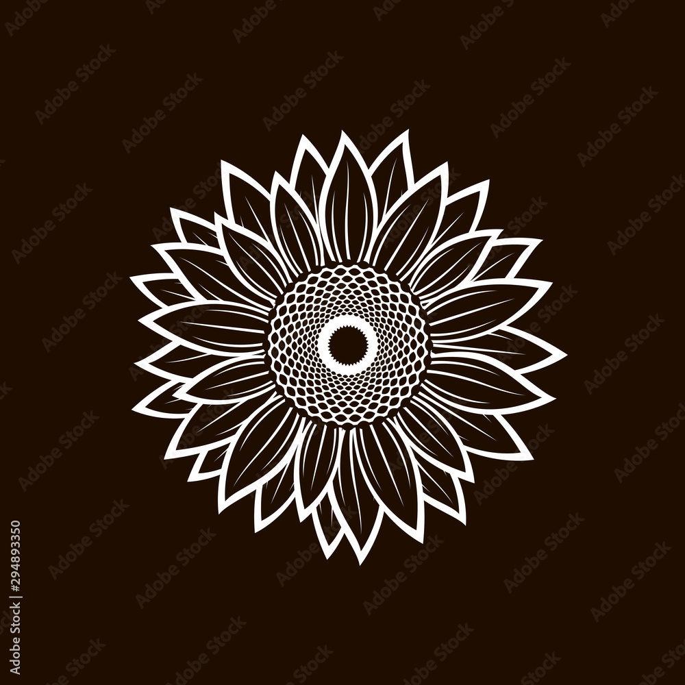 white illustration with flower of sunflower isolated on black background