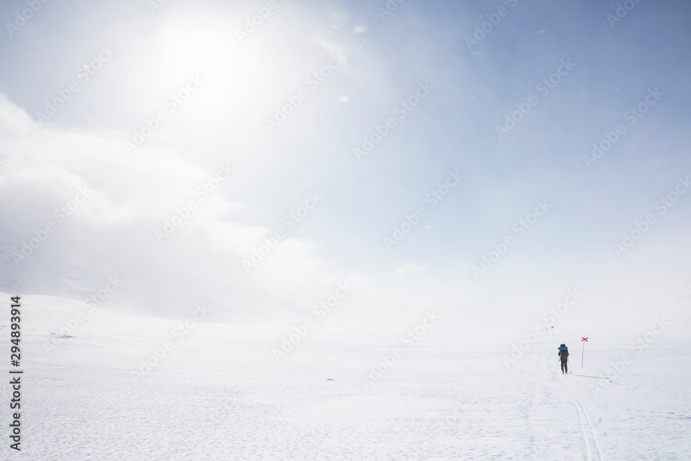 Woman skiing by markers on Kungsleden trail in Lapland, Sweden Woman skiing by markers on Kungsleden trail in Lapland, Sweden