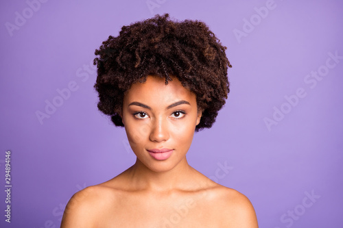 Close-up portrait of her she nice attractive lovely perfect calm sensual wavy-haired girl after salon spa procedure peeling lifting uplift isolated over violet purple lilac pastel color background