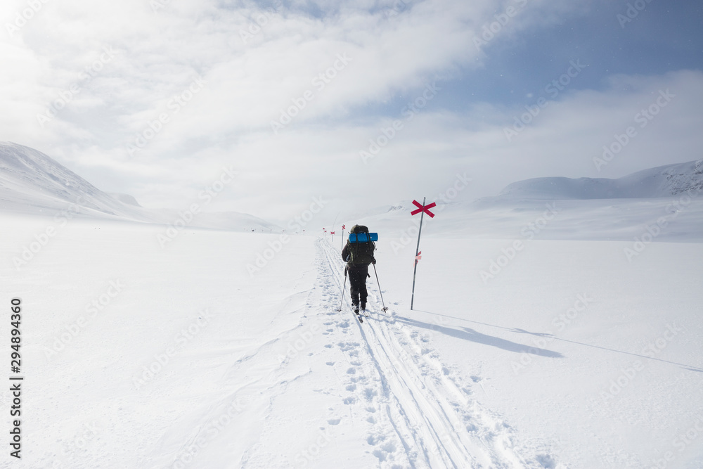 Woman skiing by markers on Kungsleden trail in Lapland, Sweden Woman skiing by markers on Kungsleden trail in Lapland, Sweden