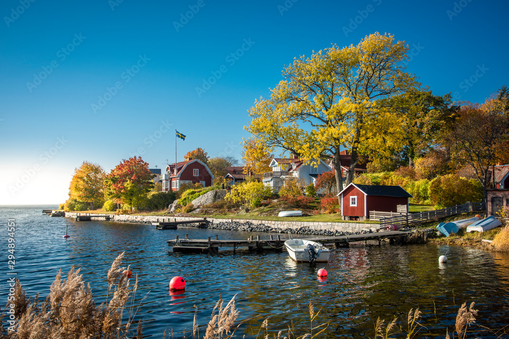 Building and jetty on water in Stockholm, Sweden
