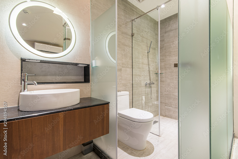 Small Contemporary Open-Plan Bathroom Hotel Room Design. Stock Photo |  Adobe Stock